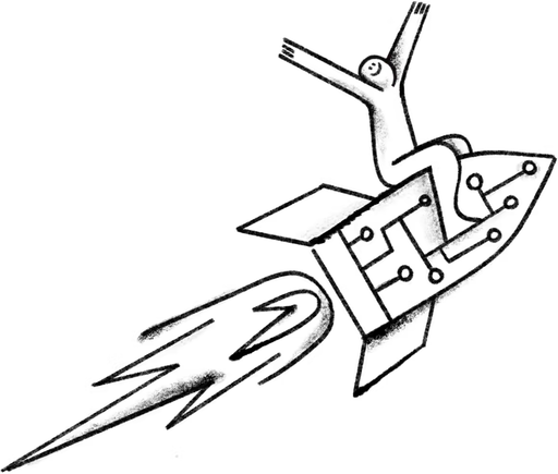 Character riding rocket at scale illustration